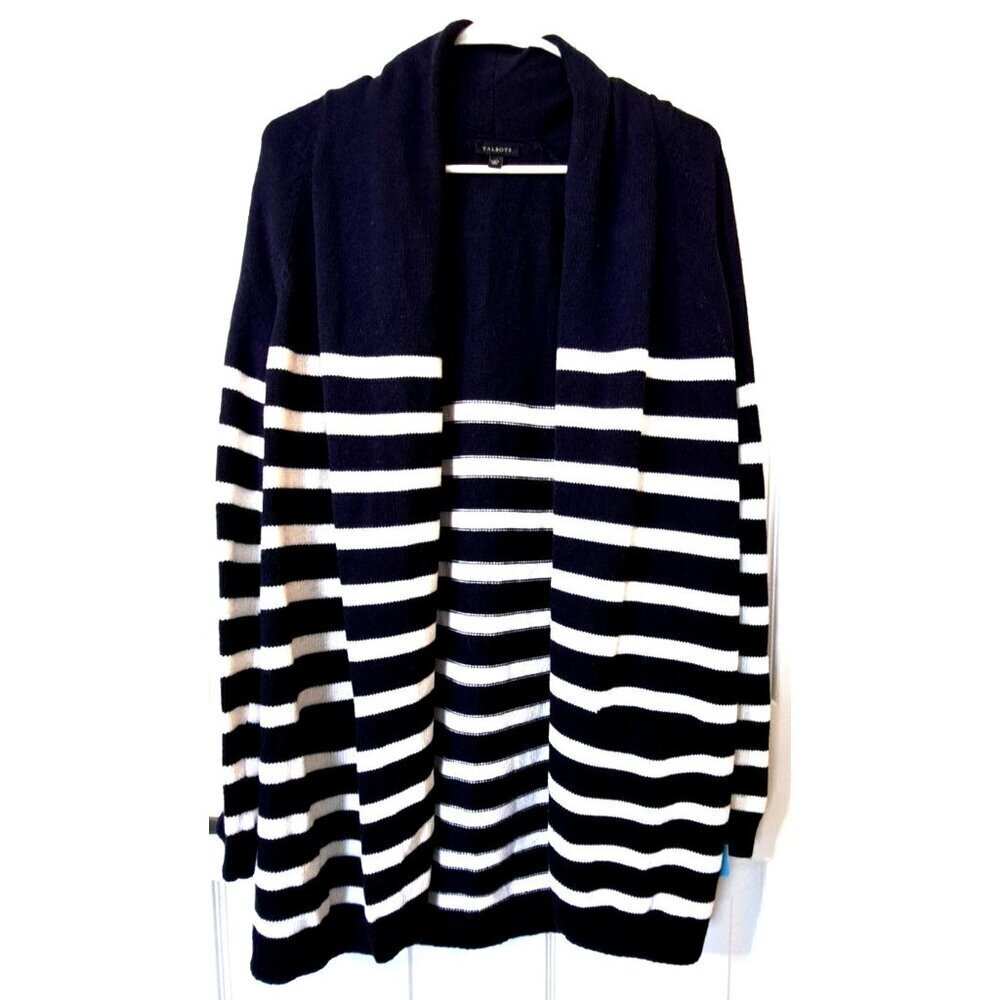 Talbots  M Navy White Raglan Sleeve Open Front Cardigan Striped Cashmere Blend